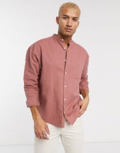 ASOS DESIGN oversized linen shirt in pink with grandad collar