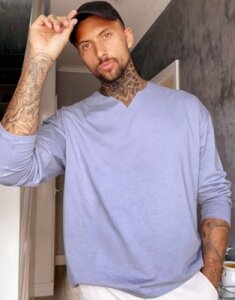 ASOS DESIGN oversized long sleeve t-shirt with raw notch neck in blue