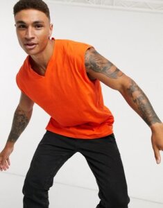 ASOS DESIGN oversized longline sleeveless t-shirt with notch neck in orange