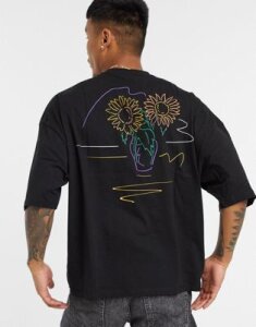 ASOS DESIGN oversized longline t-shirt with flower back embroidery-Black