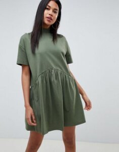 ASOS DESIGN oversized mini cotton smock dress with high neck-Green