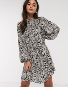 ASOS DESIGN oversized plisse smock dress in animal print-Multi