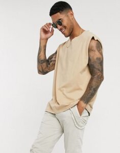 ASOS DESIGN oversized sleeveless t-shirt with notch neck in beige