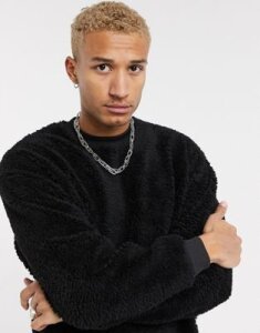 ASOS DESIGN oversized sweatshirt in black teddy borg