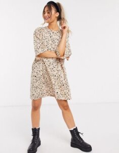 ASOS DESIGN oversized t-shirt dress in mini leopard-Brown