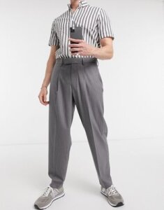 ASOS DESIGN oversized tapered smart pants in gray pinstripe