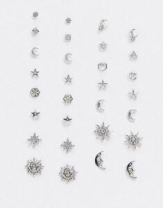 ASOS DESIGN pack of 15 earrings in sun moon and star designs in silver tone