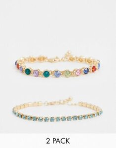 ASOS DESIGN pack of 2 bracelets with rainbow crystal in gold tone