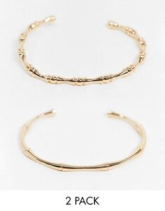 ASOS DESIGN pack of 2 cuff bracelets in bamboo design in gold tone