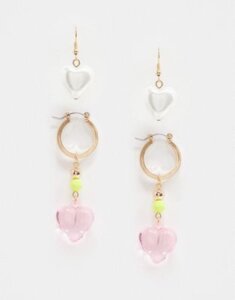 ASOS DESIGN pack of 2 earrings with pearl and pink plastic heart in gold tone