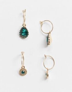ASOS DESIGN pack of 2 hoop earrings with green crystal charms in gold tone