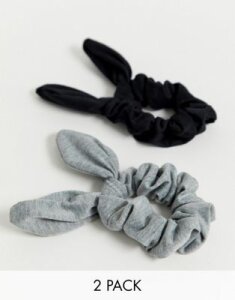 ASOS DESIGN pack of 2 scrunchie hair ties with bow detail in black and gray-Multi