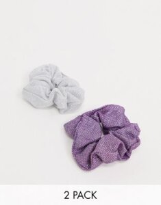 ASOS DESIGN pack of 2 scrunchies in pink and silver shimmer-Multi