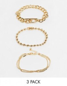 ASOS DESIGN pack of 3 bracelets with t bar and ball snake chains in gold tone