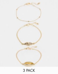 ASOS DESIGN pack of 3 chain bracelets with shell charm in gold tone