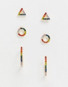 ASOS DESIGN pack of 3 earrings with rainbow crystals in gold tone