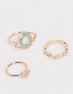 ASOS DESIGN pack of 3 eye and turq stone rings in gold tone