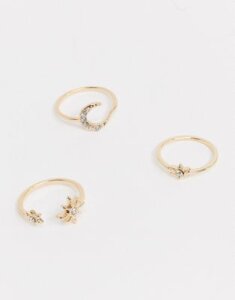 ASOS DESIGN pack of 3 rings with moon and star design in gold tone