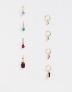 ASOS DESIGN pack of 4 hoop earrings with color jewel charms in gold tone