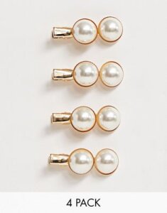 ASOS DESIGN pack of 4 mini hair clips with double pearls-Gold