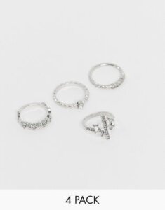 ASOS DESIGN pack of 4 rings in crystal design in silver tone