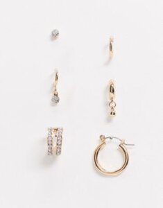 ASOS DESIGN pack of 6 single earrings with mxed plain and crystal hoops in gold tone