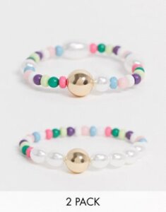 ASOS DESIGN pack of two beaded bracelets with pearl and gold bead detail-Multi
