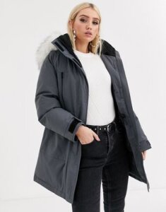 ASOS DESIGN padded parka with faux fur hood in gray-Black