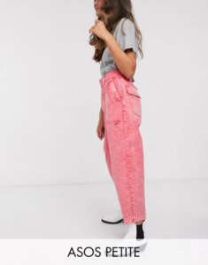 ASOS DESIGN Petite balloon leg worker pant with belt in coral acid wash-Red
