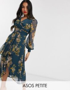 ASOS DESIGN Petite blouson sleeve midi dress with wrap skirt in blue floral print-Multi