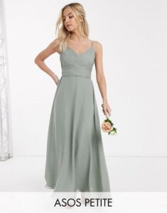 ASOS DESIGN Petite Bridesmaid cami maxi dress with ruched bodice and tie waist-Green