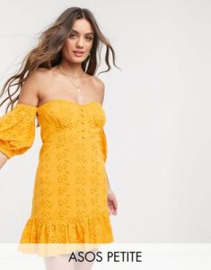 ASOS DESIGN Petite broderie off the shoulder cupped mini sundress with tiered hem in orange