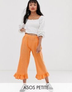 ASOS DESIGN Petite broderie pants with ruffle hem and trim-Red