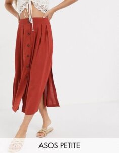 ASOS DESIGN Petite button front midi skirt in rust-Red