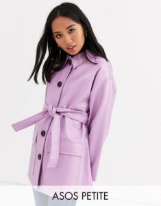 ASOS DESIGN Petite button through leather look belted jacket in lilac-Purple