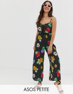 ASOS DESIGN Petite cami jumpsuit with gathered bodice in floral print-Multi