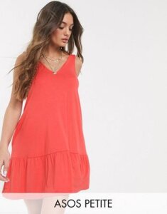 ASOS DESIGN Petite concealed pocket mini sundress with tiered hem in coral-Pink