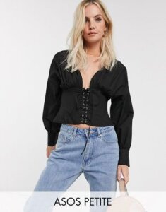 ASOS DESIGN Petite cotton blouse with corset detail-Black