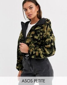 ASOS DESIGN Petite cropped camo fleece jacket-Multi