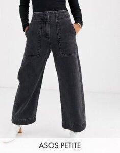 ASOS DESIGN Petite Cropped wide leg carpenter jeans in washed black