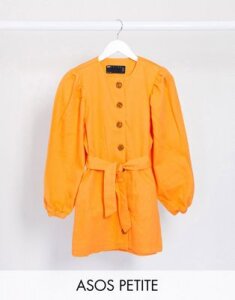 ASOS DESIGN Petite denim orange puff sleeve belted dress