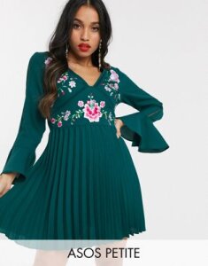 ASOS DESIGN Petite embroidered pleated mini dress with lace inserts in forest green
