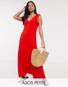 ASOS DESIGN Petite Exclusive v neck maxi dress with full pep hem in red