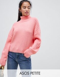 ASOS DESIGN Petite fluffy sweater in rib with roll neck-Pink