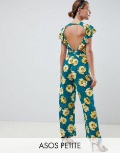 ASOS DESIGN Petite Jumpsuit with flutter open back in floral print bloom-Multi