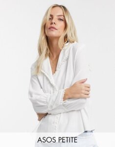 ASOS DESIGN Petite long sleeve blouse with frill collar-White