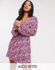 ASOS DESIGN Petite long sleeve mini dress with shirred waist in pink ditsy print-Multi
