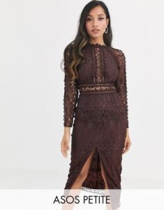 ASOS DESIGN Petite long sleeve pencil dress in lace with geo lace trims-Brown