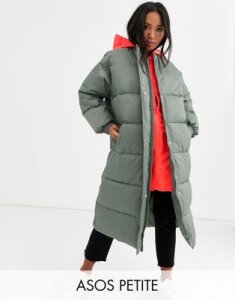 ASOS DESIGN Petite longline puffer coat with contrast hood in sage-Green