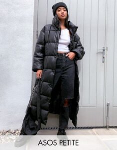ASOS DESIGN Petite longline square quilt coat in black